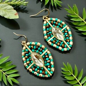 Elegant Green/Brown/Gold Seed Bead Earrings with Glass Stone